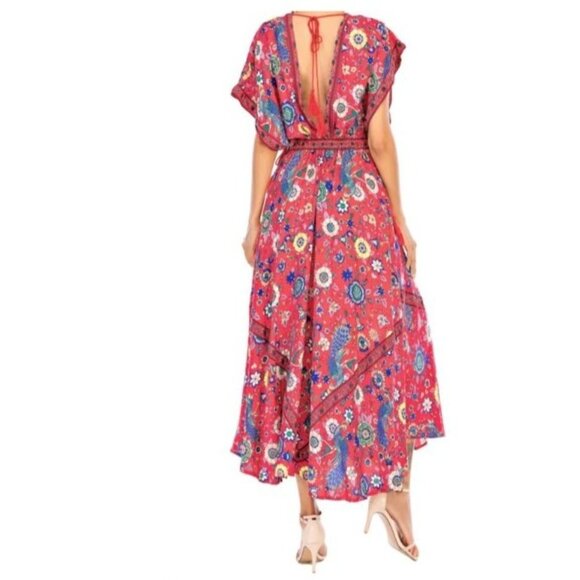 R Vivimos Bohemian Red Floral Maxi Dress womens Tassel Tie size meium - Picture 7 of 7